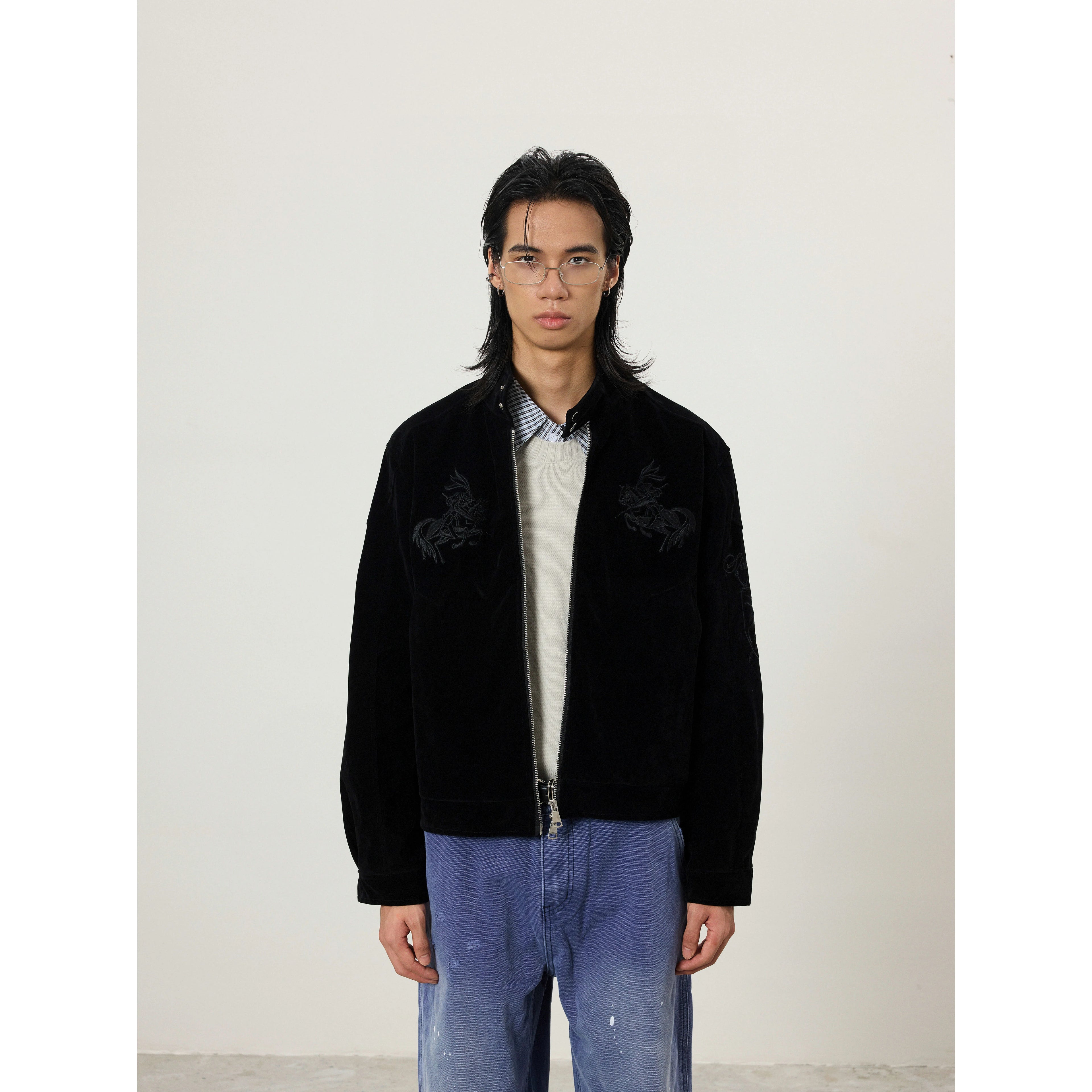 BTSG Vintage Embroidered Suede Stand-Up Jacket