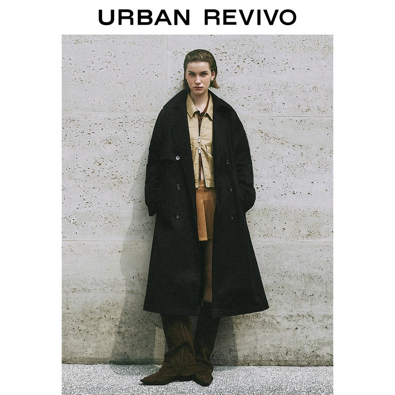 URBAN REVIVO Temperament British Style Double-breasted Waist Long Trench Coat