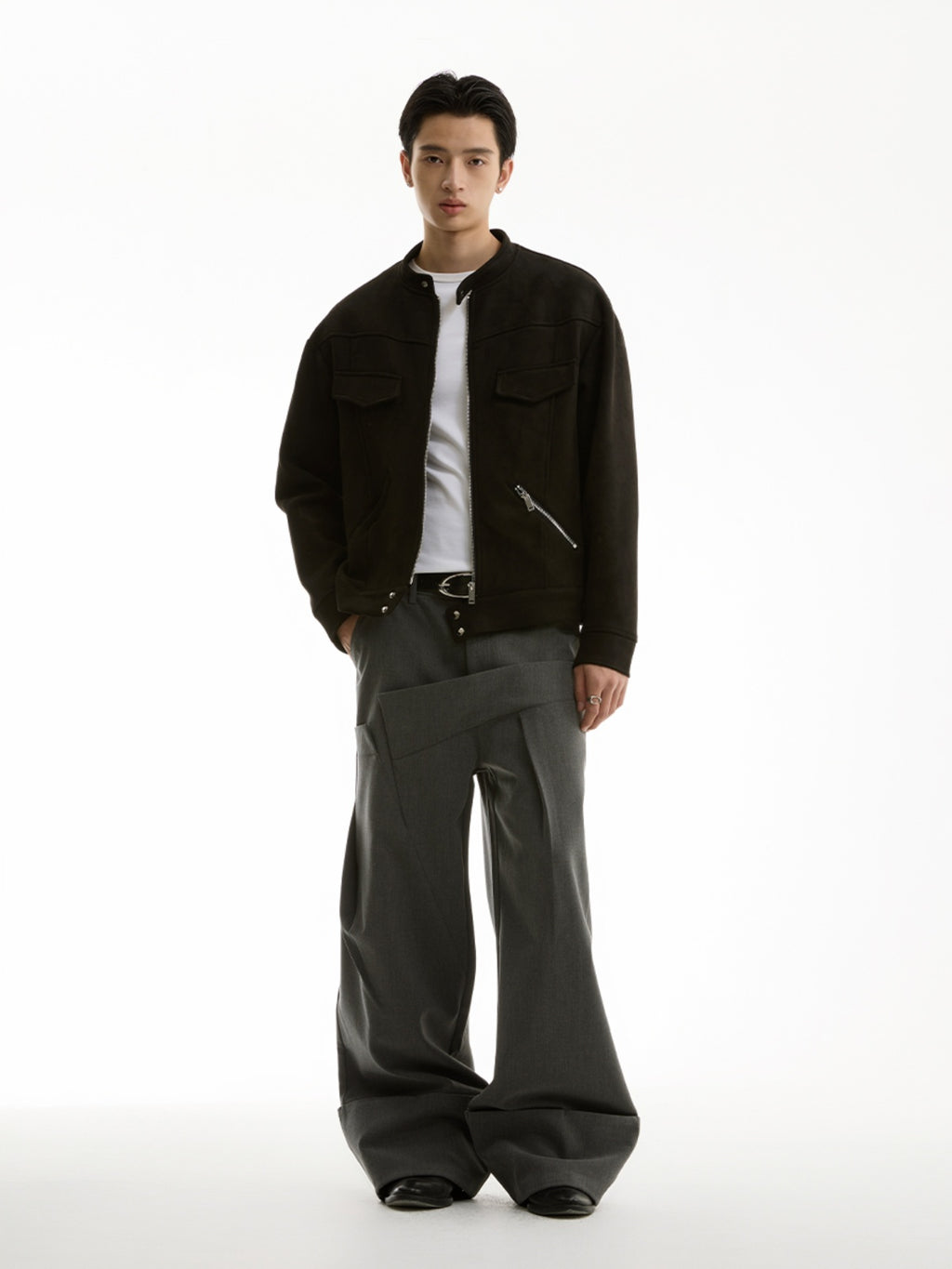 FUNKYFUN 2024AW black suede small stand-up neck zipper loose jacket jacket