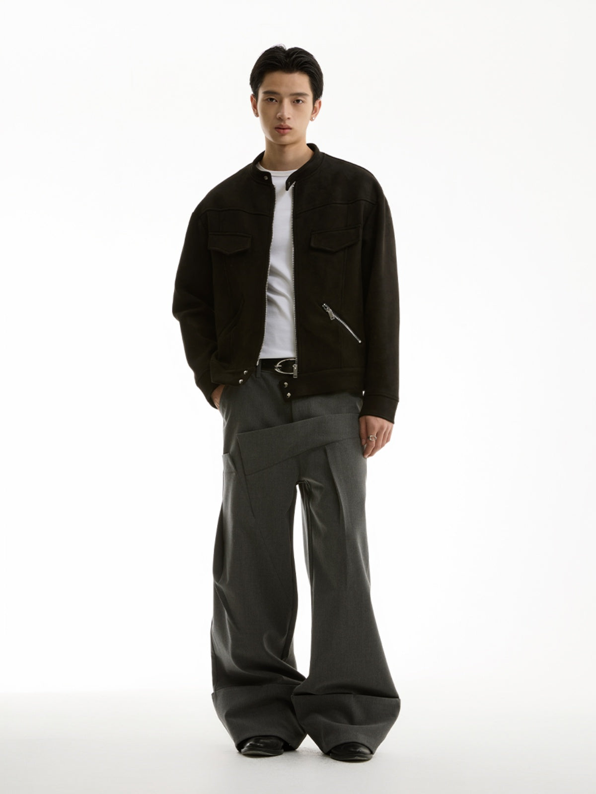 FUNKYFUN 2024AW black suede small stand-up neck zipper loose jacket jacket