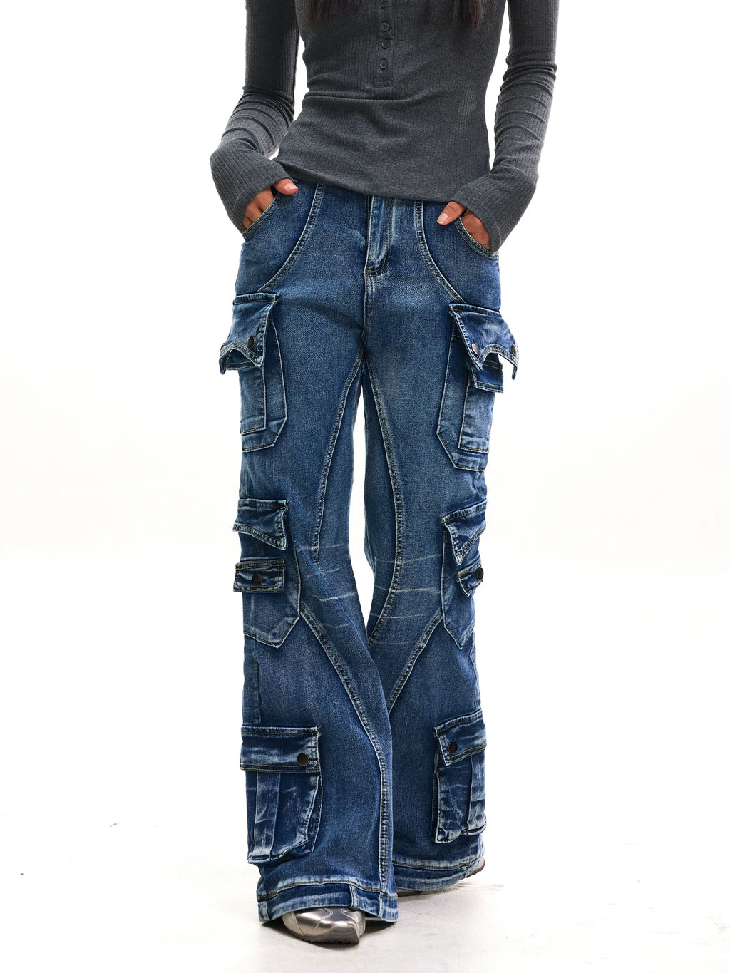 JHYWZD X BLACKLIST Retro Splicing Multi-pocket Micro-elastic Denim Flared Pants