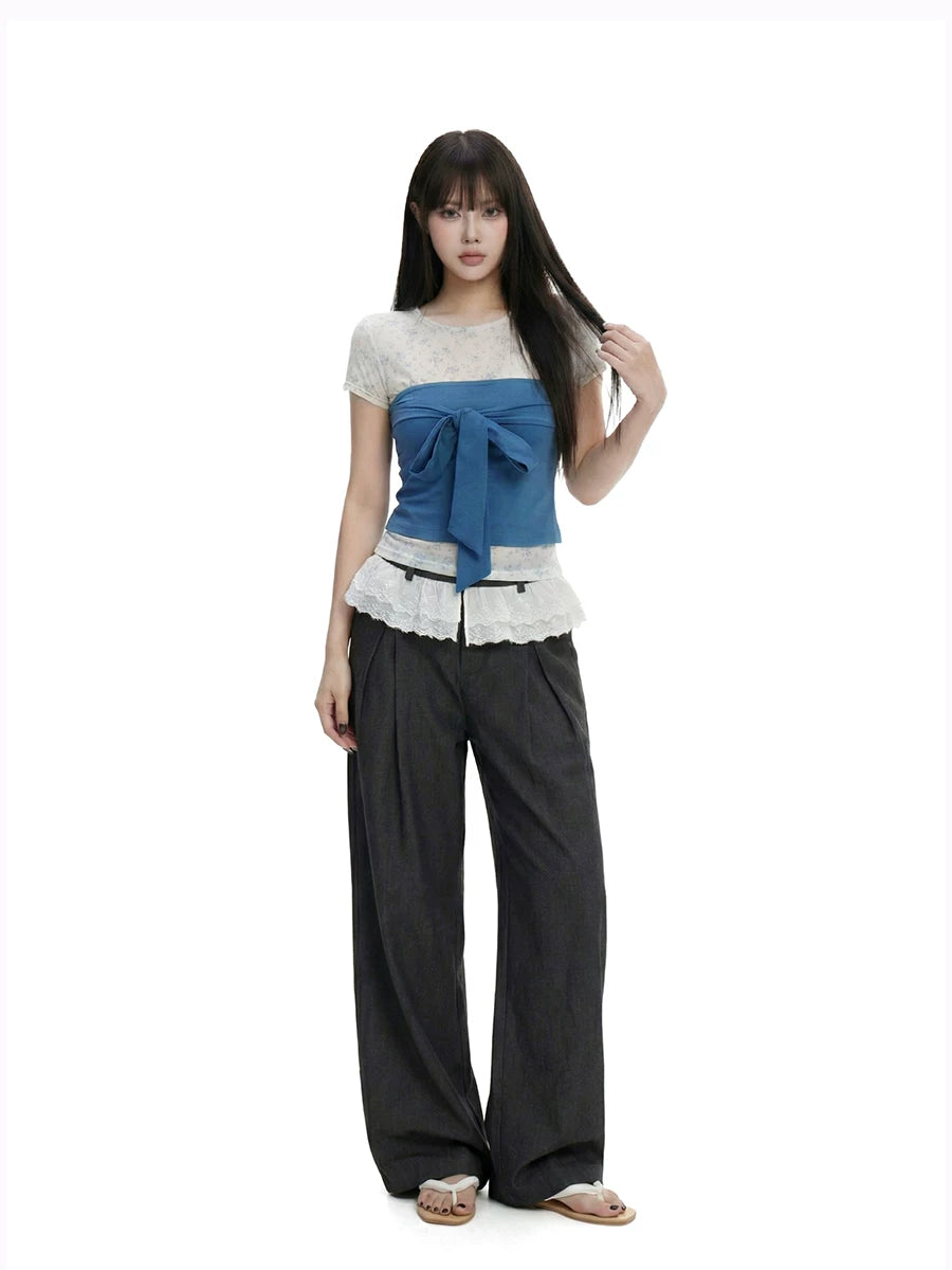 WITHMIN Bow Tube Top Small Floral T-shirt Two-piece Set