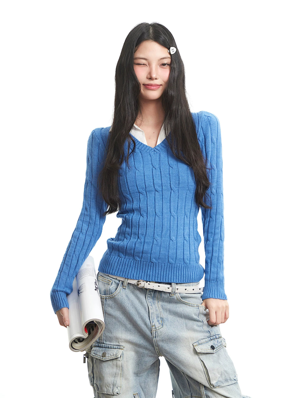 UNCMHISEX Fake Two-piece V-neck Slim-fitting and Thin Knitted Sweater