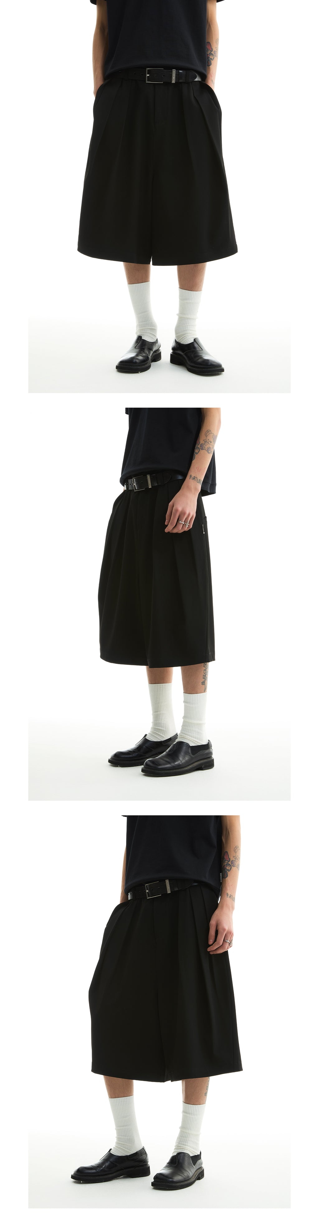 FUNKYFUN 2025SS Double-piece pleated design waistless wide five-point low-crotch trousers shorts