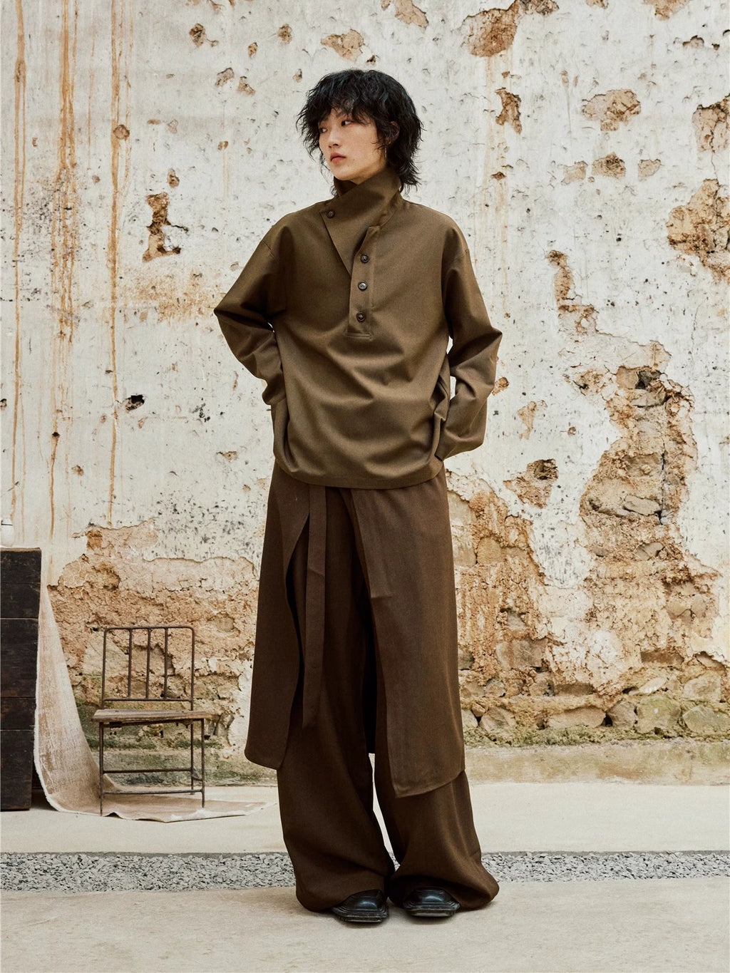 SUNYVONNE Retro Button-down Two-piece Stand-up Collar Long-sleeved Shirt