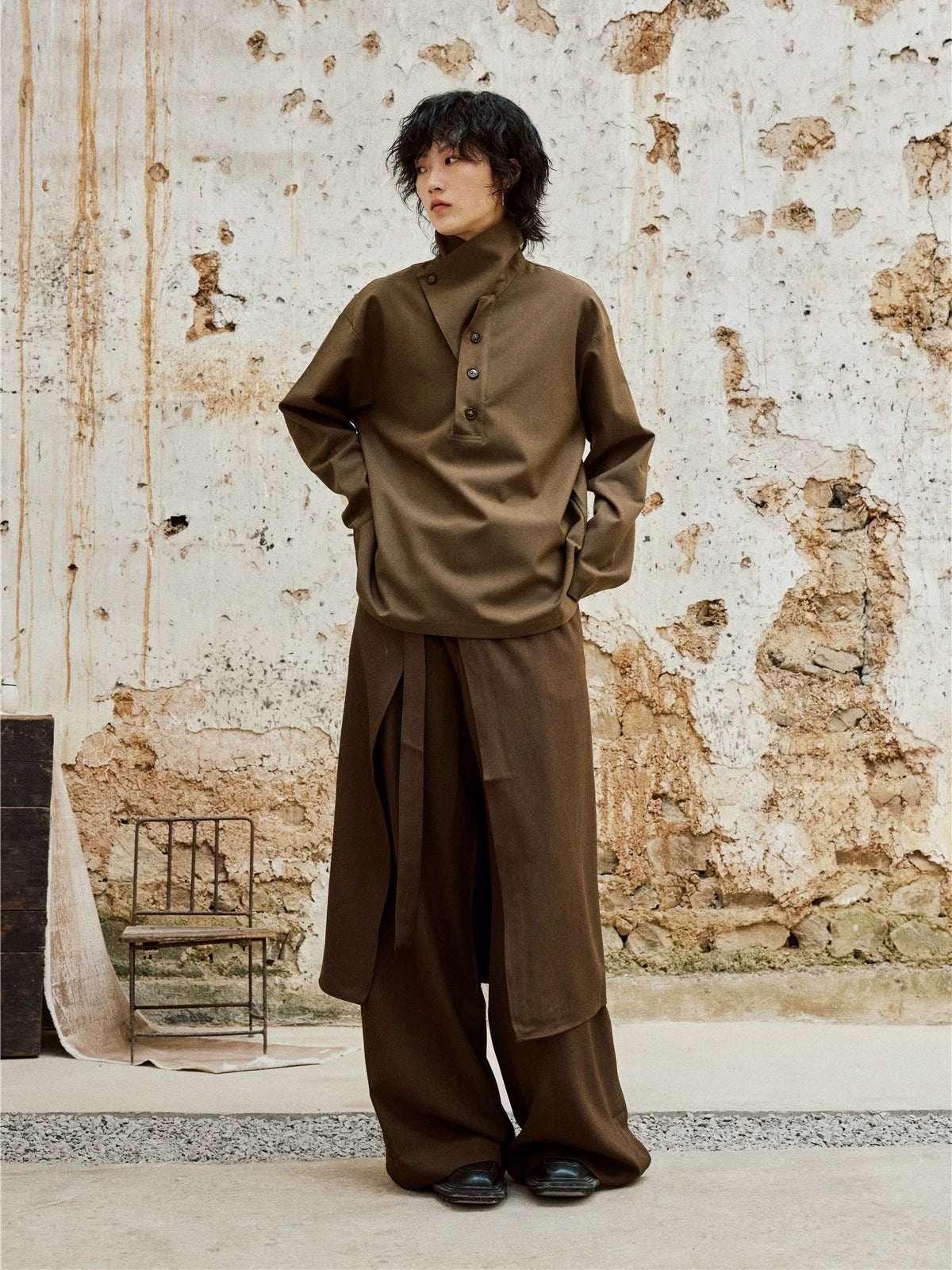 SUNYVONNE Retro Button-down Two-piece Stand-up Collar Long-sleeved Shirt