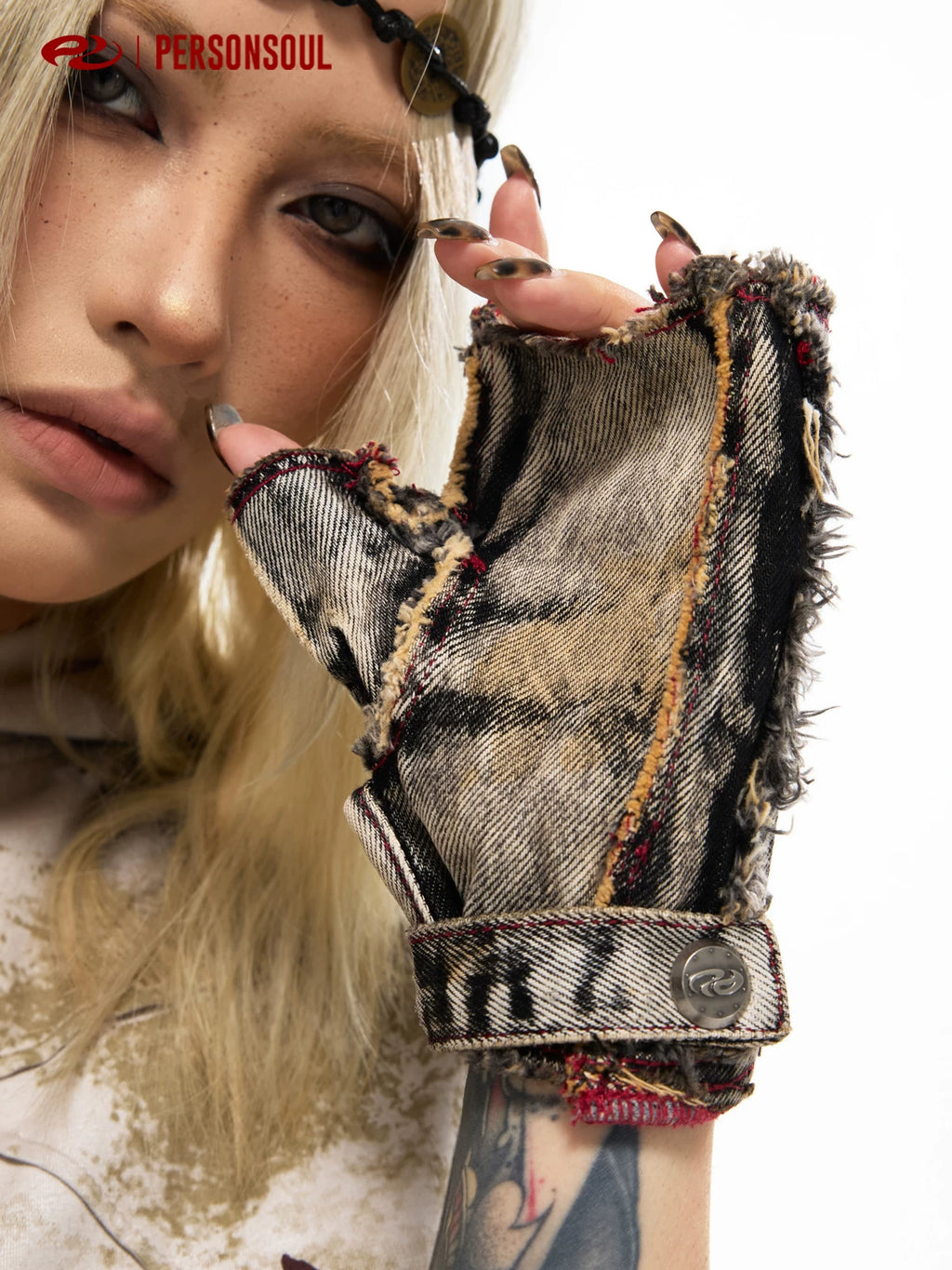 PERSONSOUL Denim Fingerless Gloves