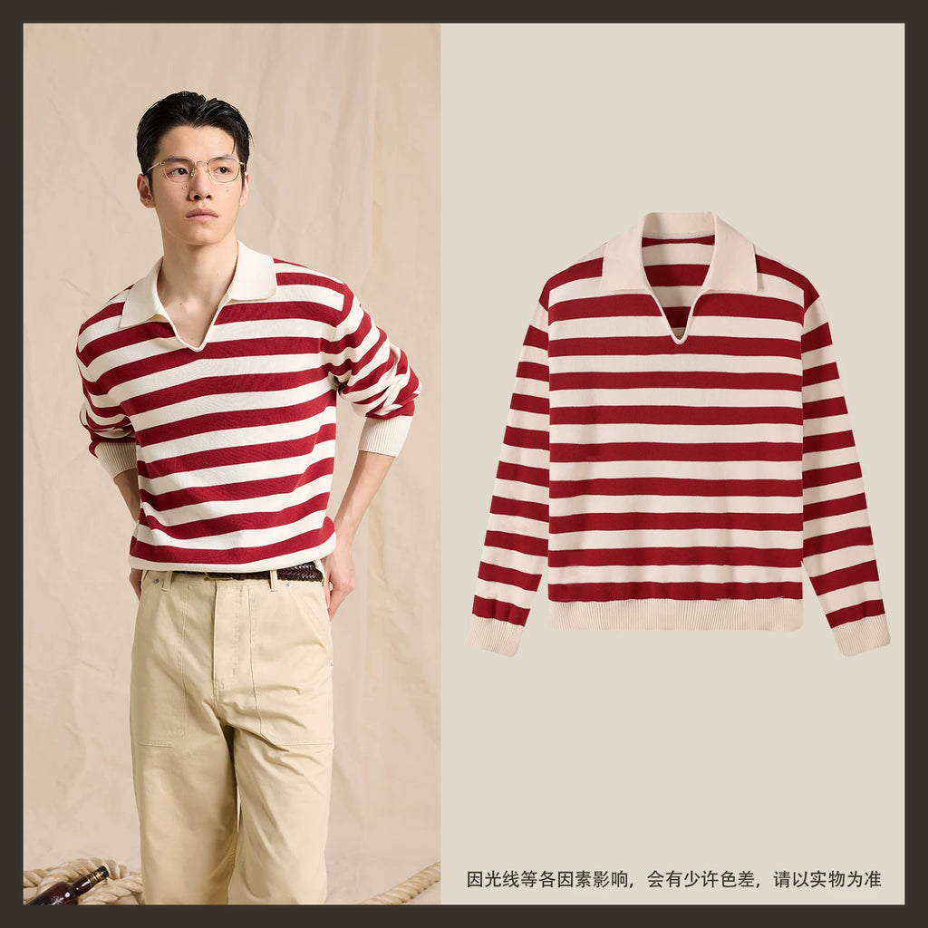 CULTUM Lapel Knit Striped Long Sleeve