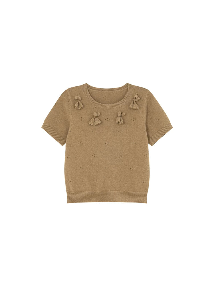 Kano Hand Hook Three-dimensional Flower Round Neck Short Sleeve Knitting