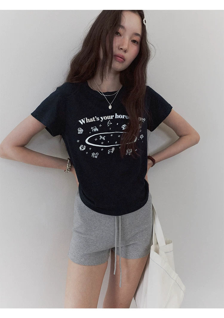 VOOE Crew Neck Letter Print Front Shoulder Versatile Tee