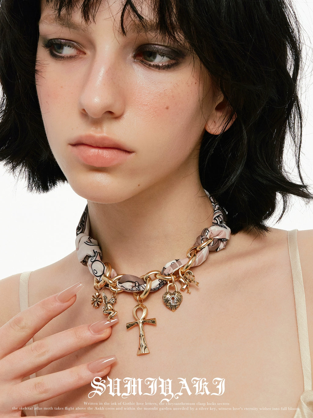SUMIYAKI Vintage Cross Silk Scarf Necklace