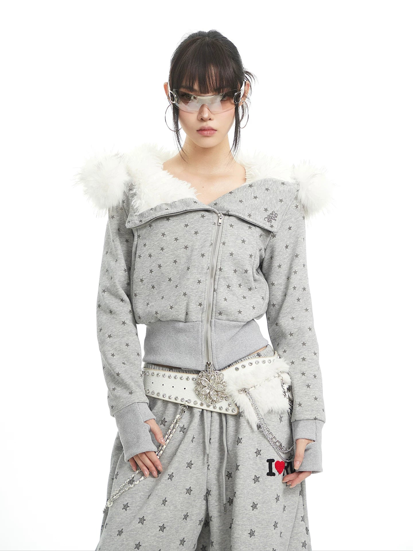 UNCMHISEX Star Fur Collar Hooded Sweatshirt Jacket