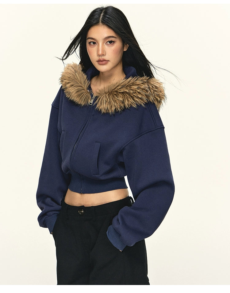 Anna Aneae Hooded Zip Fur Collar Slim Fit Short Jacket