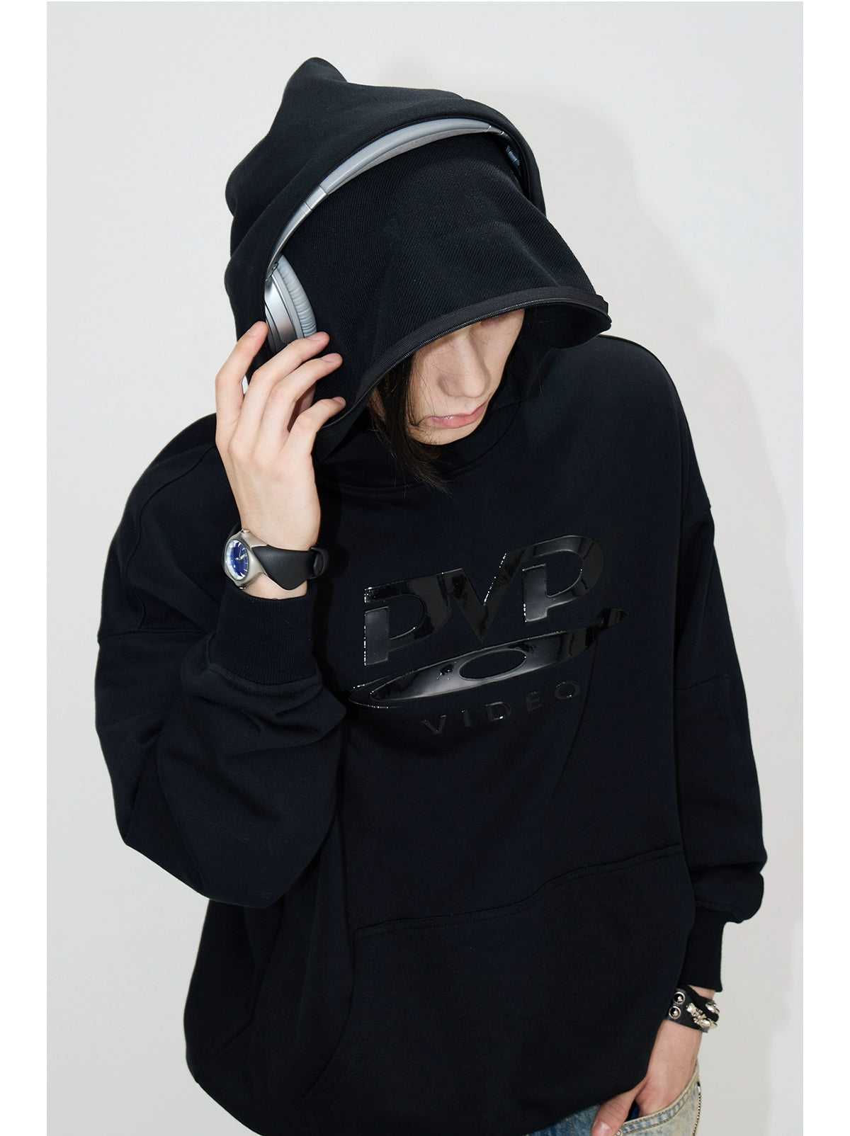 PEOPLESTYLE "DVD" Silicone Print Hidden Zipper Structure Hooded Sweater