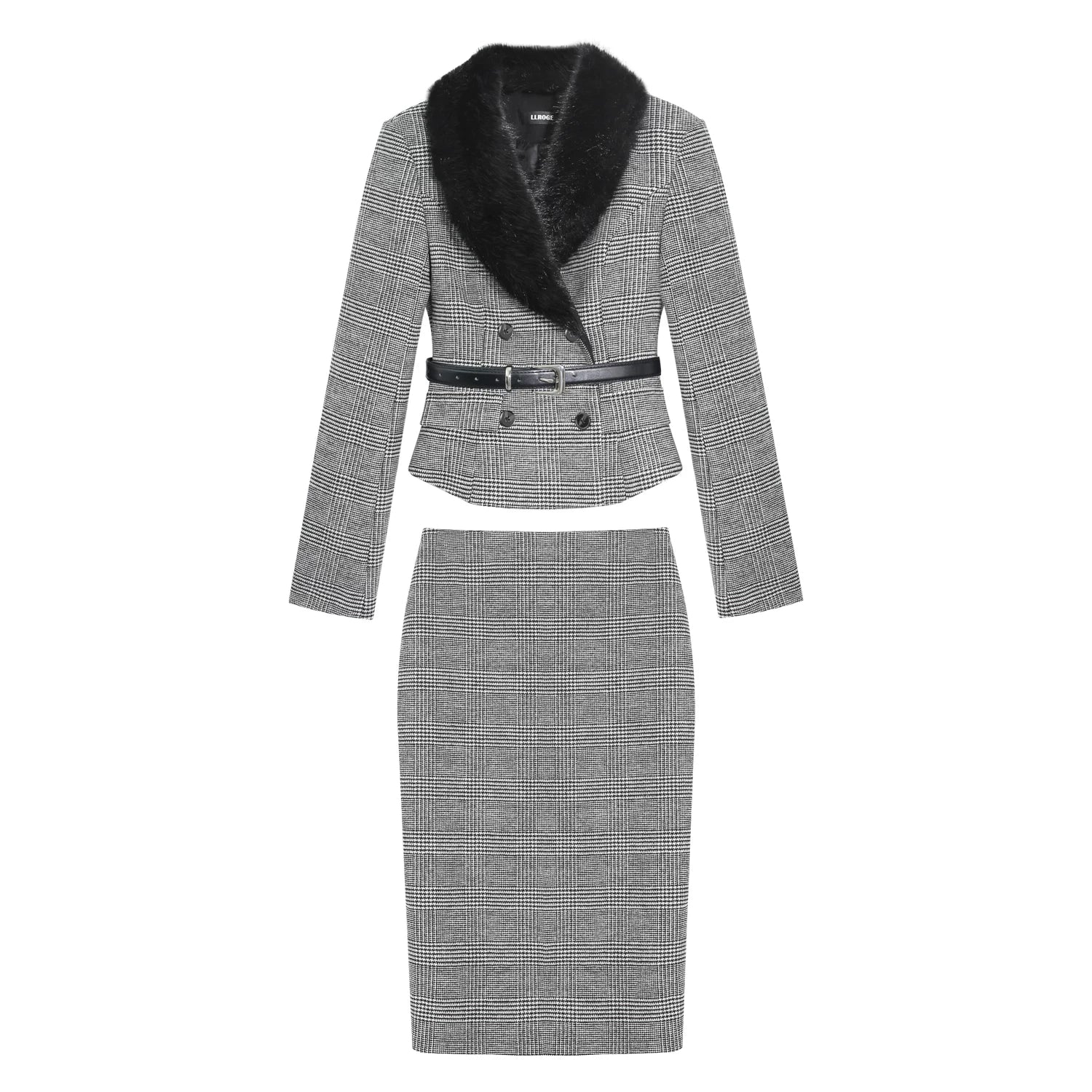 LLROGE Fine Check Tweed Short Jacket + Midi Skirt Set