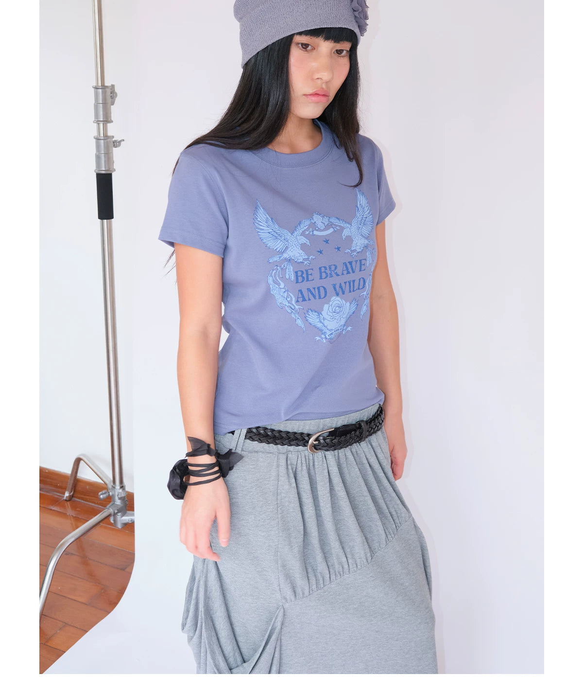 FUNKYFUN Retro Eagle Print High Elastic Front Shoulder Tee