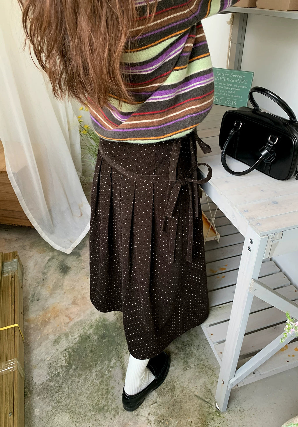 Kano Tie-up Pleated Polka Dot Corduroy Skirt
