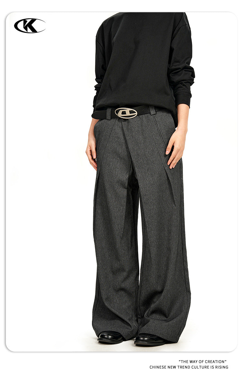 11KN Retro Three-dimensional Pleated Diagonal Placket Casual Trousers