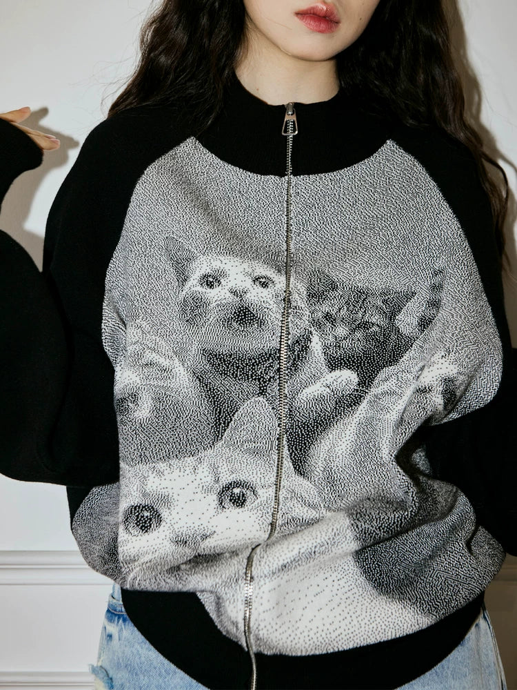 MoodLikeMe Cat Jacquard Ragged Lapel Cardigan Sweater