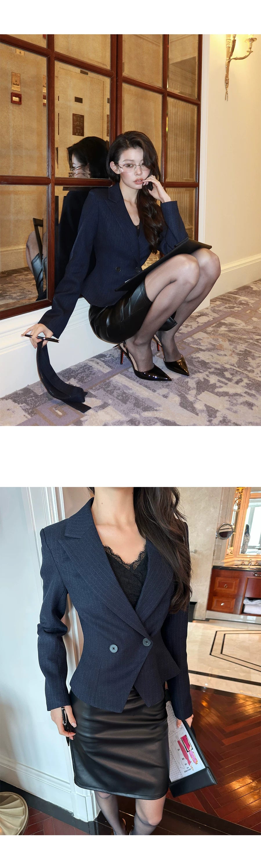 LLROGE Waist Blazer Half-body Leather Skirt Set