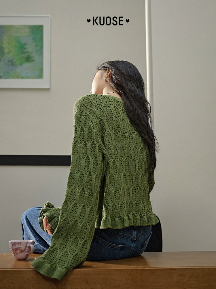 Kuose Hollow Short Long-sleeved Knitted Sweater