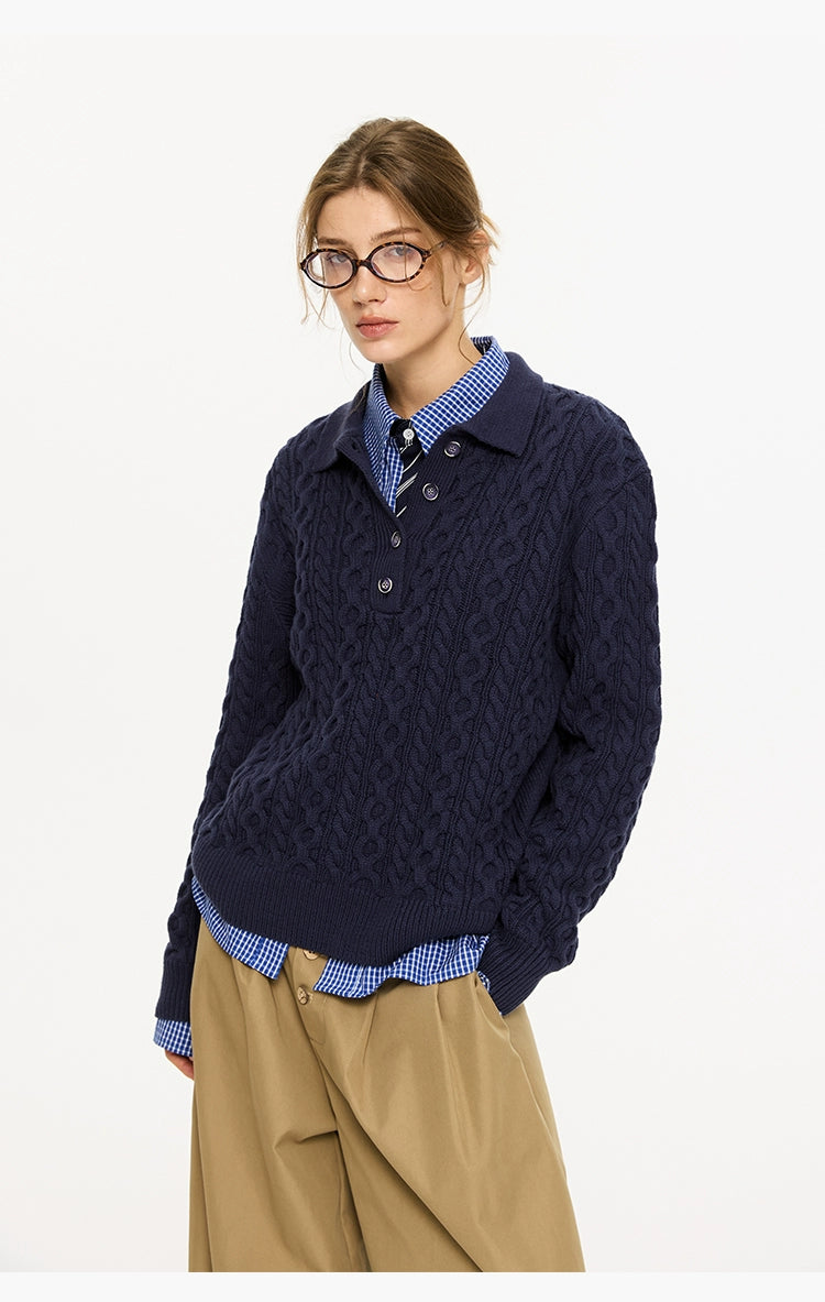 KREATE Twist Lapel Three-dimensional Twisted Polo Sweater