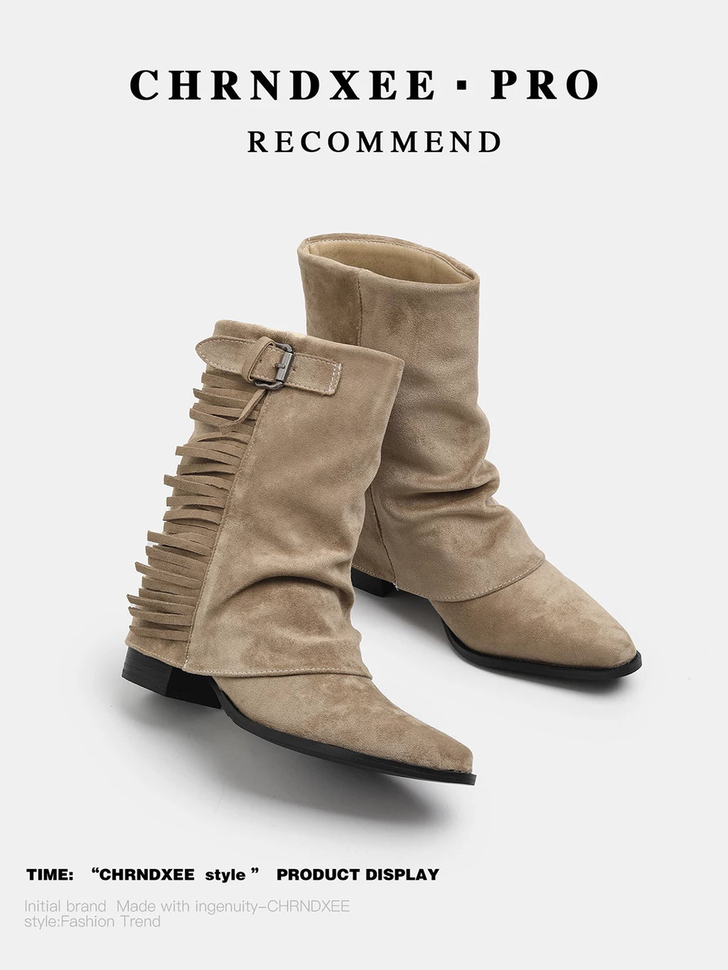 CHRNDXEE Suede Belt Buckle Fringed Western Cowboy Boots