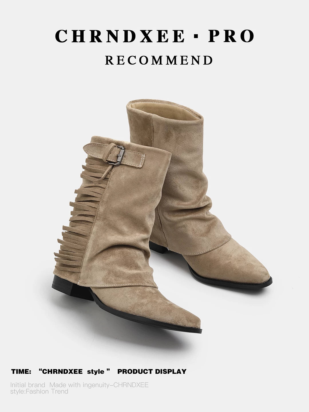 CHRNDXEE Suede Belt Buckle Fringed Western Cowboy Boots
