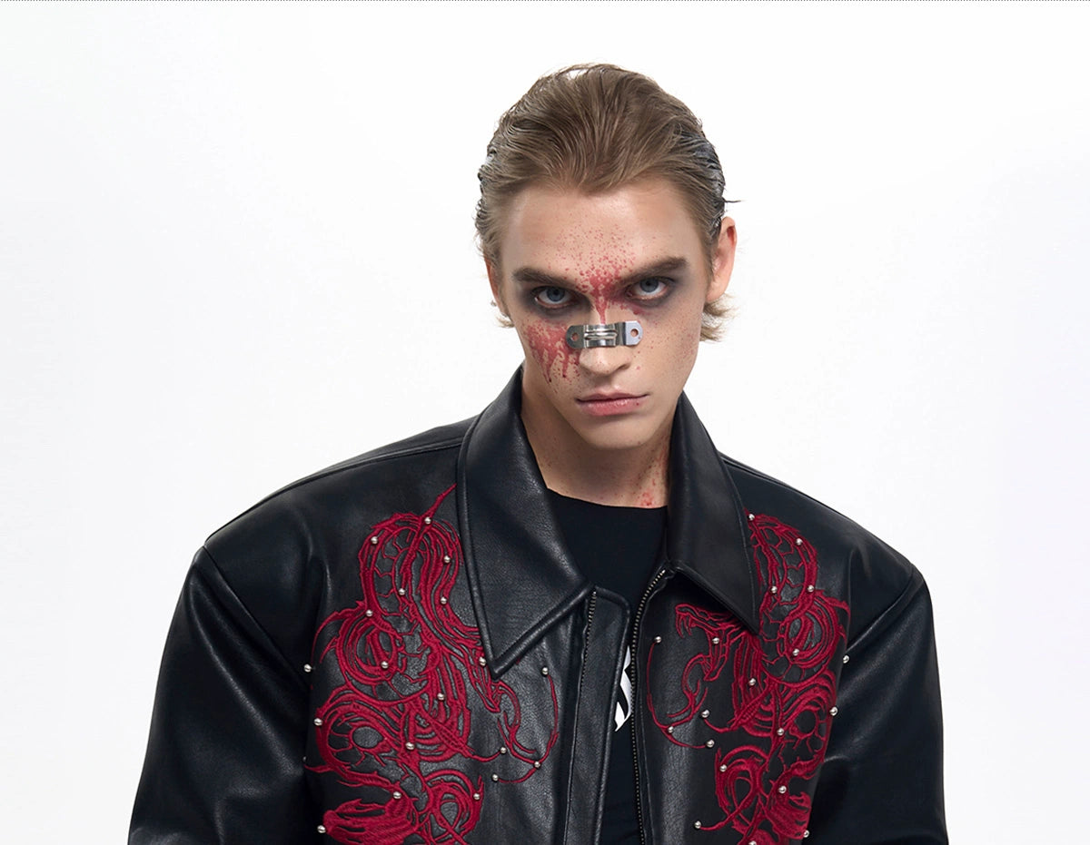 STARTEXCEEDEND Bramble Embroidered Short Leather Jacket