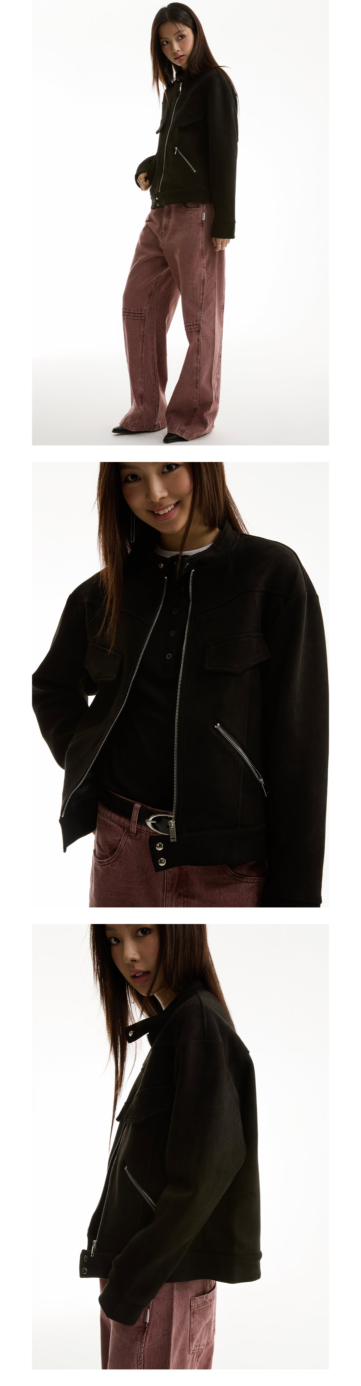 FUNKYFUN 2024AW black suede small stand-up neck zipper loose jacket jacket