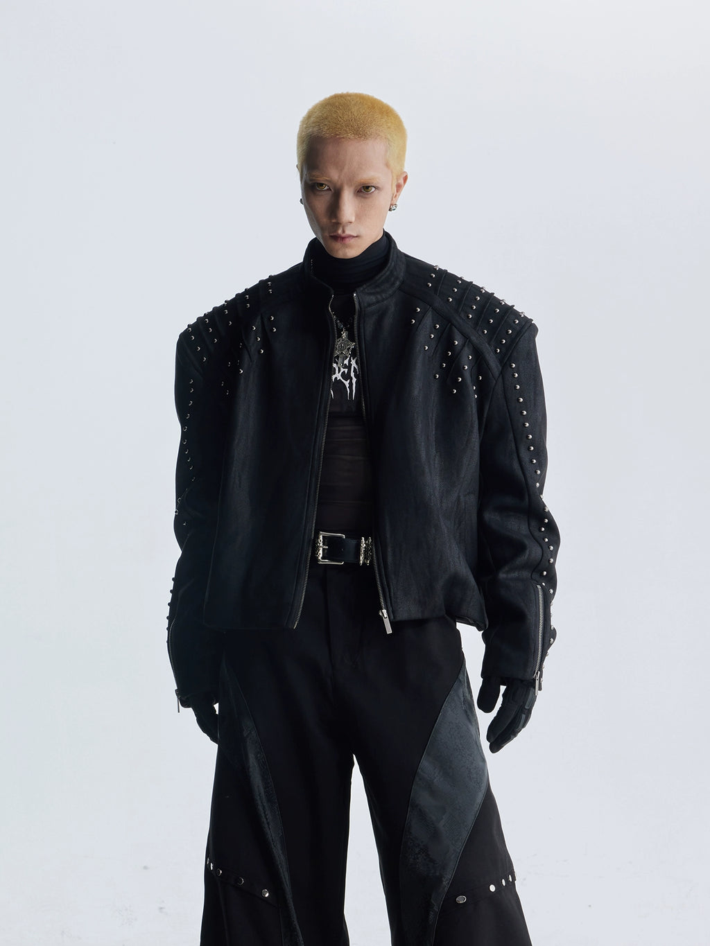 NOMANIAI Rivet Trim Loose Shoulder Padded Leather Jacket Zipper Jacket