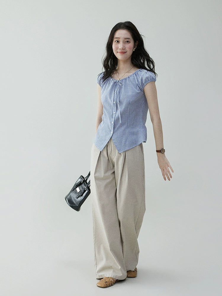 VOOE Vintage Contrast Checked Drawstring Shirt