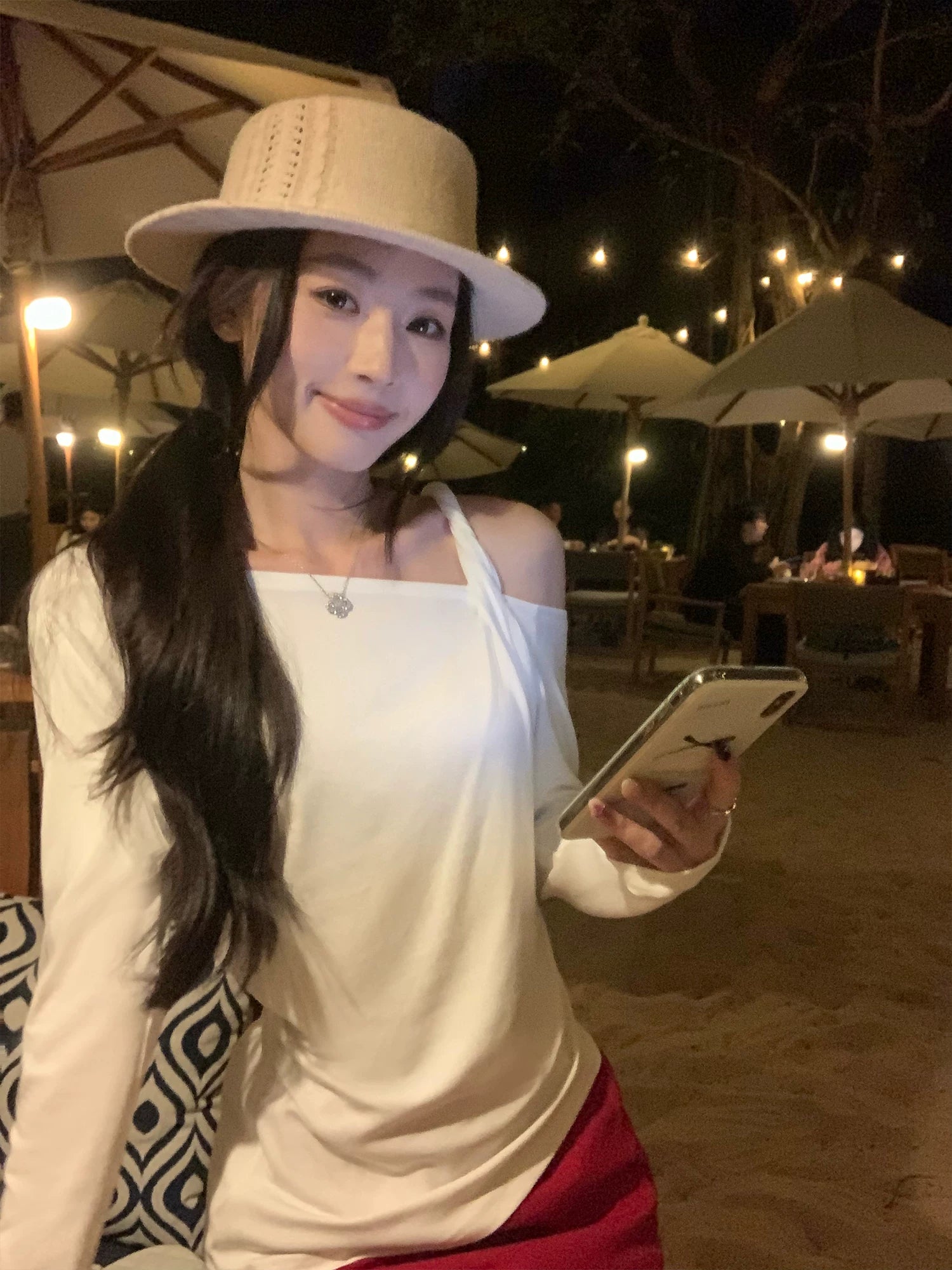 Pusumede Casual Versatile Slash Shoulder Knitted Long Sleeve
