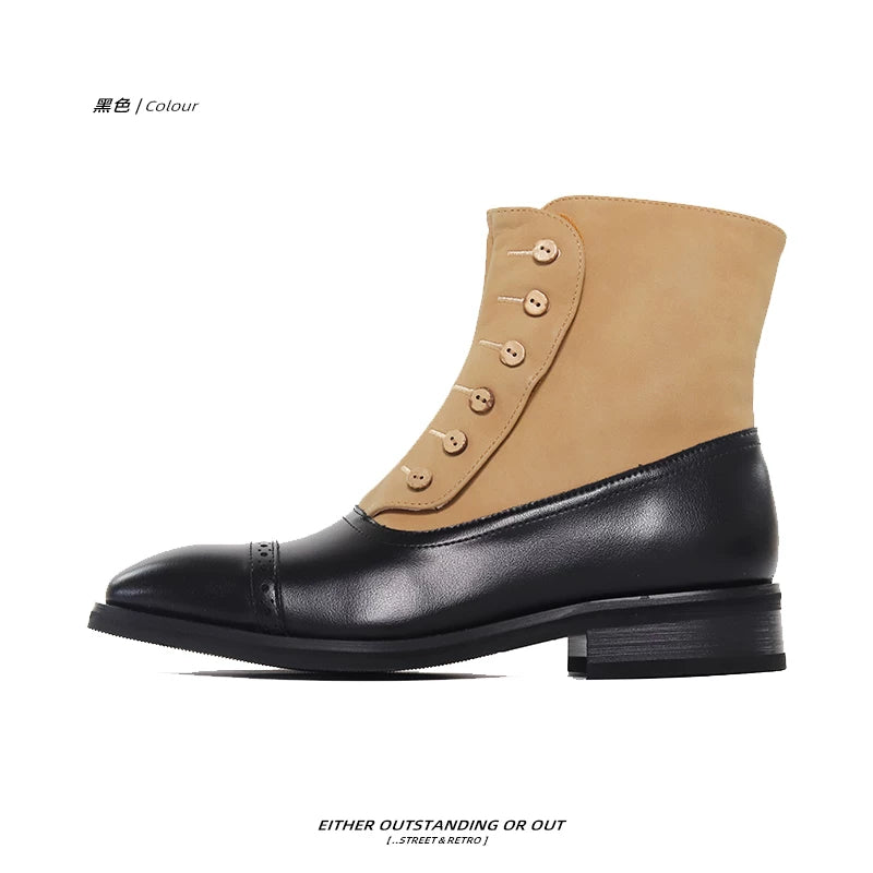 SHENLV STUDIO Pointed-toed Color-matching Short Leather Boots
