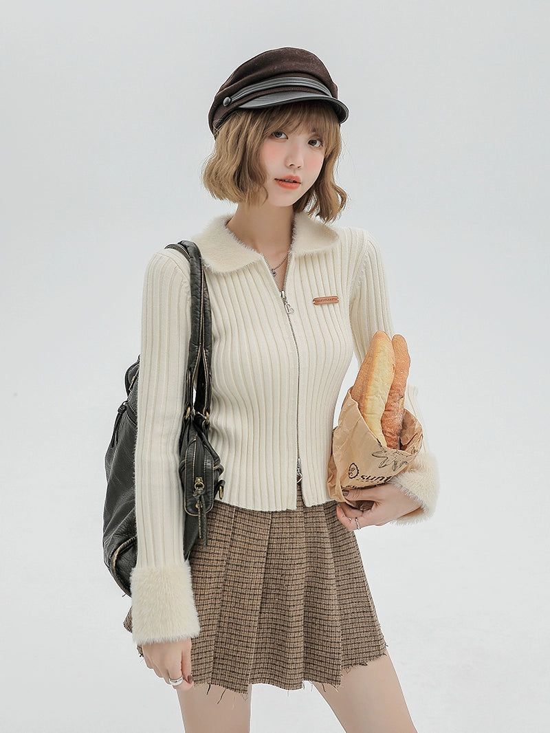 Girlyhalo Slim-fit Lapel Zip-up Sweater