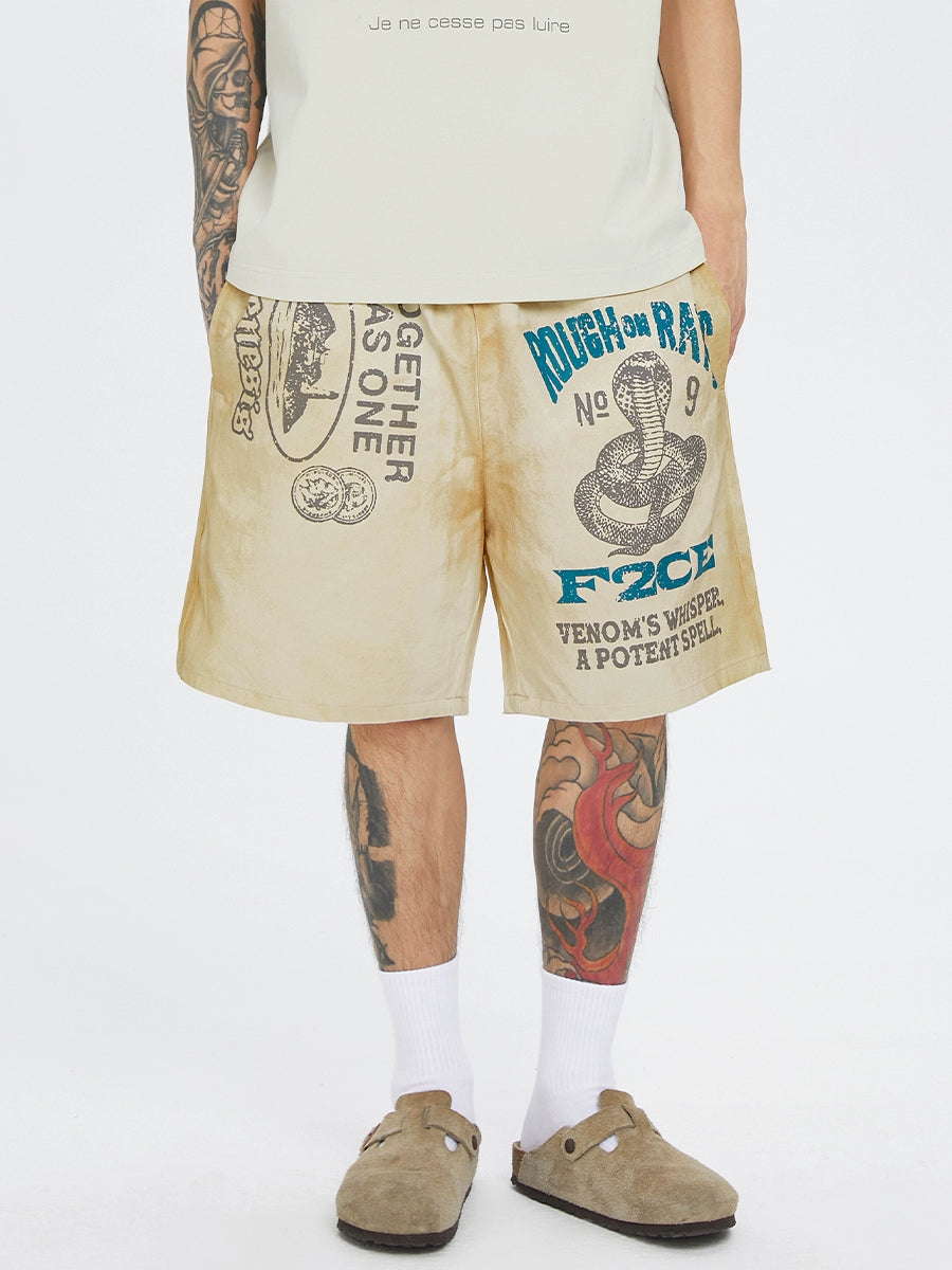 F2CE old loose silhouette mud-dyed printed shorts