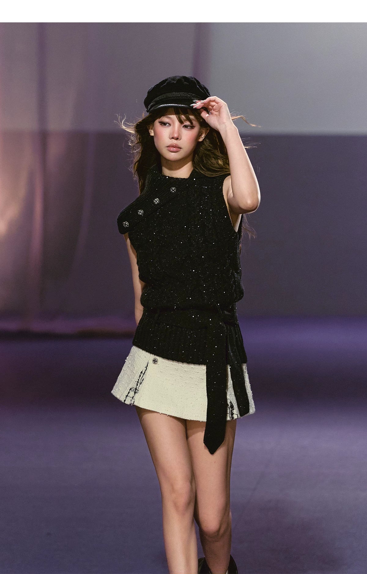 AGAM Double-breasted Spliced Pleated Skirt