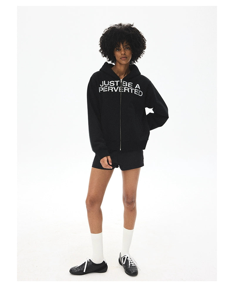 CRICLE Letter Print Hooded Zip Sweater