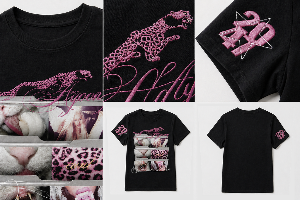 PAIKI Cat Embroidery Letter Casual Tee