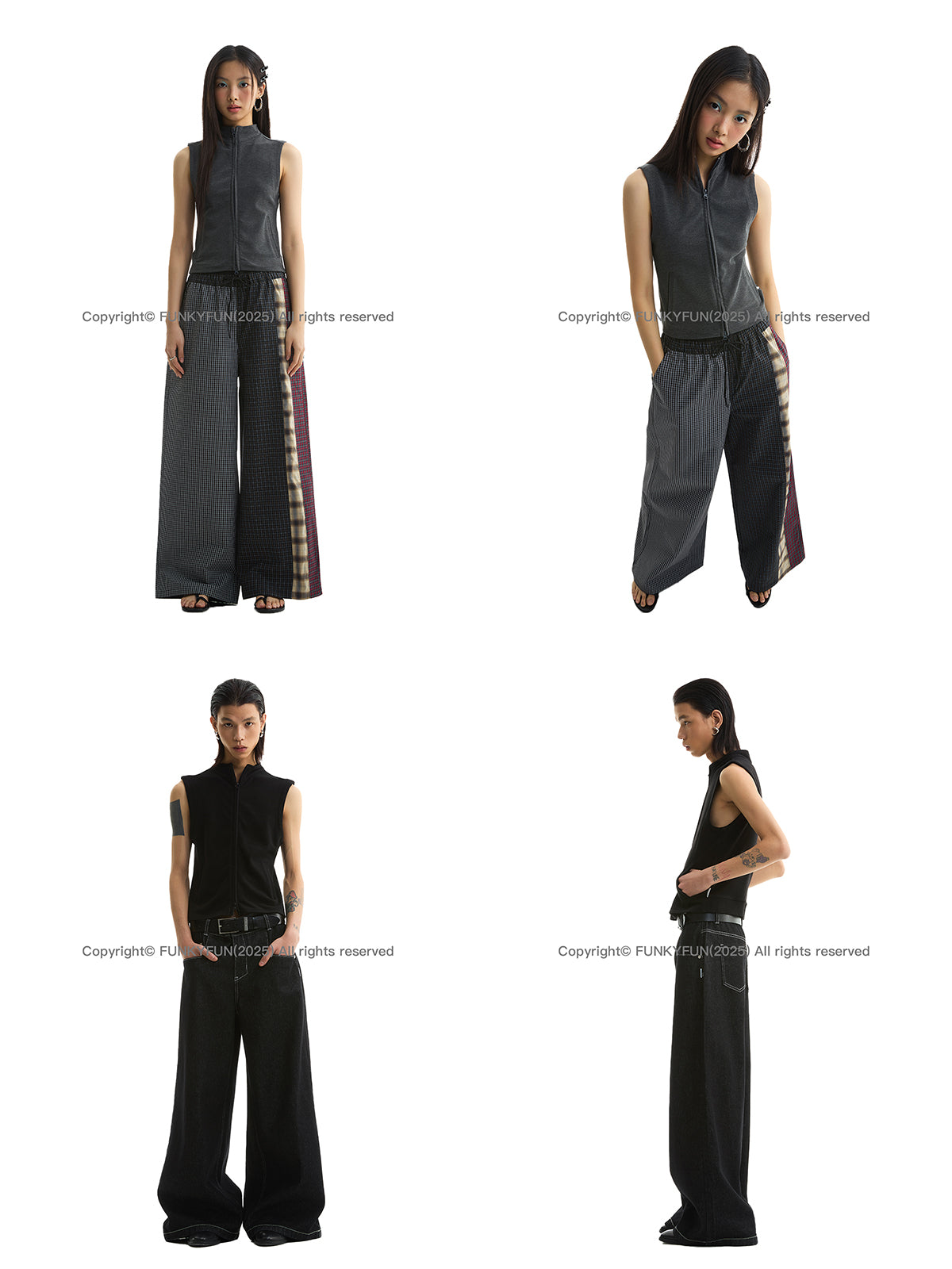 FUNKYFUN Waist Stand-up Collar Double Zipper Cardigan Vest