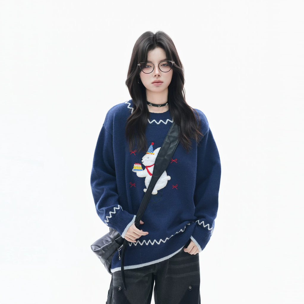 Zuocisankon Vintage Slack Embroidered Plush Rabbit Knitted Sweater