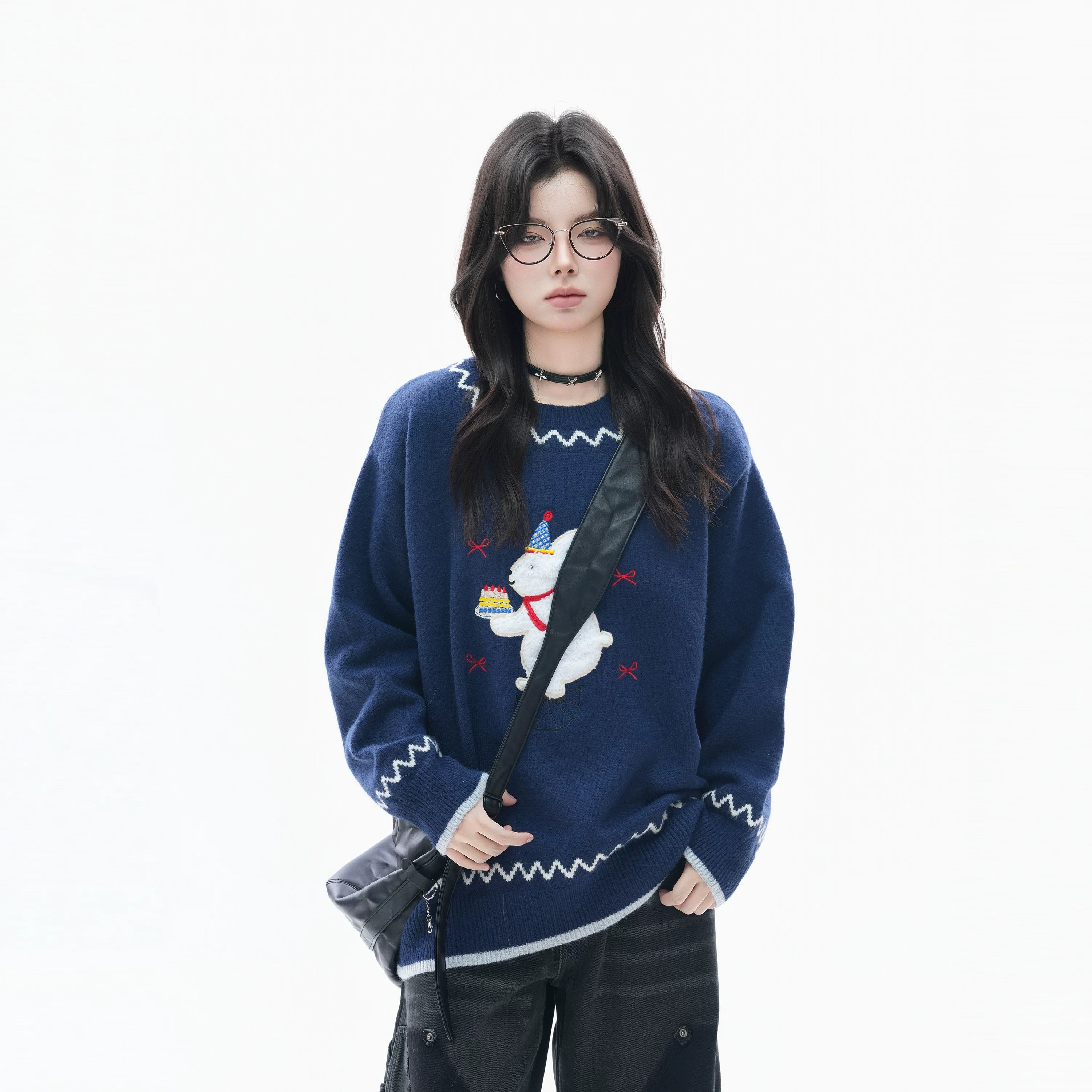 Zuocisankon Vintage Slack Embroidered Plush Rabbit Knitted Sweater