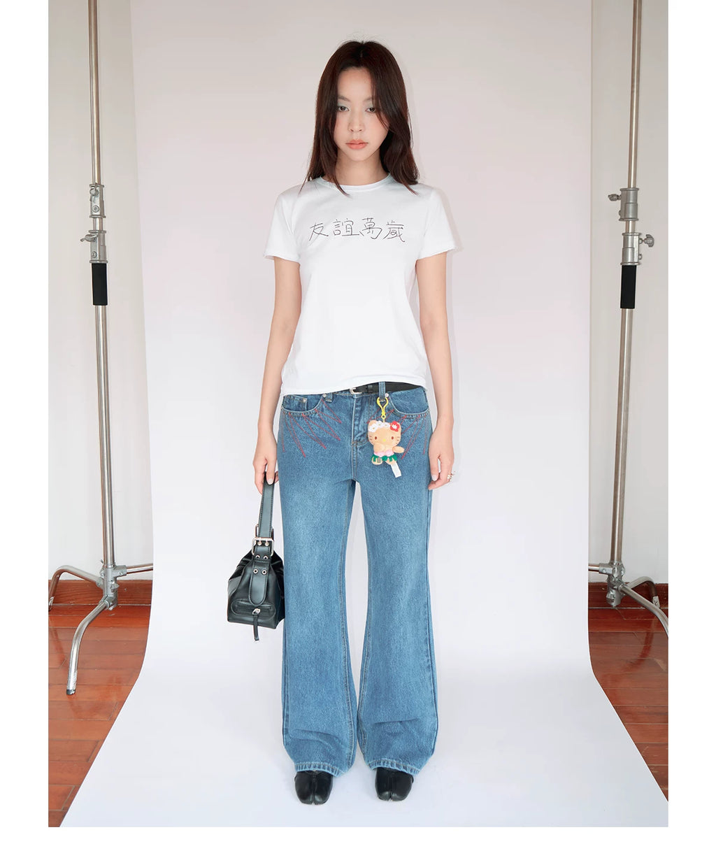 FUNKYFUN Retro Embroidered Slightly Pulled Old Jeans