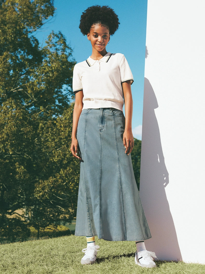 GU Light Denim Horn Fishtail Skirt