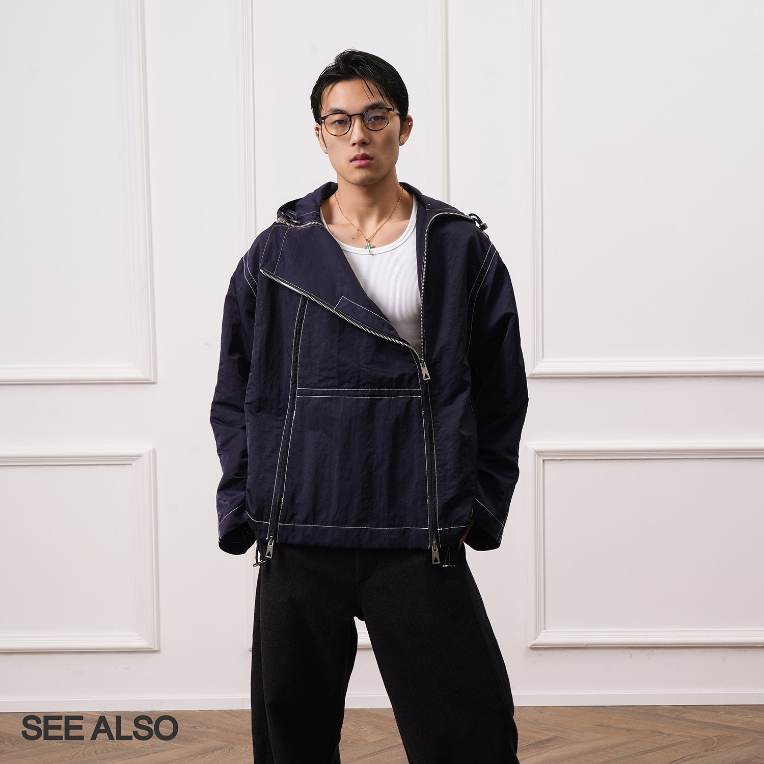 SEE ALSO minimalist slack design oblique symmetrical double zipper with bright line jacket LD4317