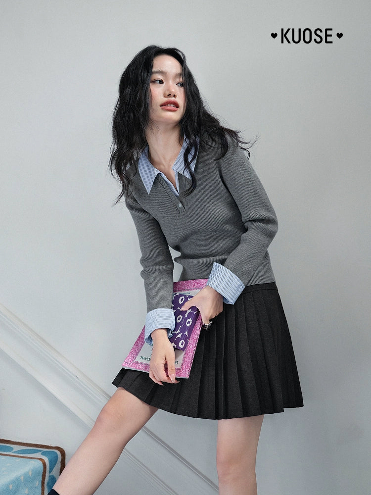 Kuose Striped Fake Two Polo Collar Slim Knit