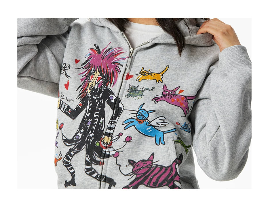 CryingCenter Kitten Print Front Shoulder Fleece Sweater Jacket