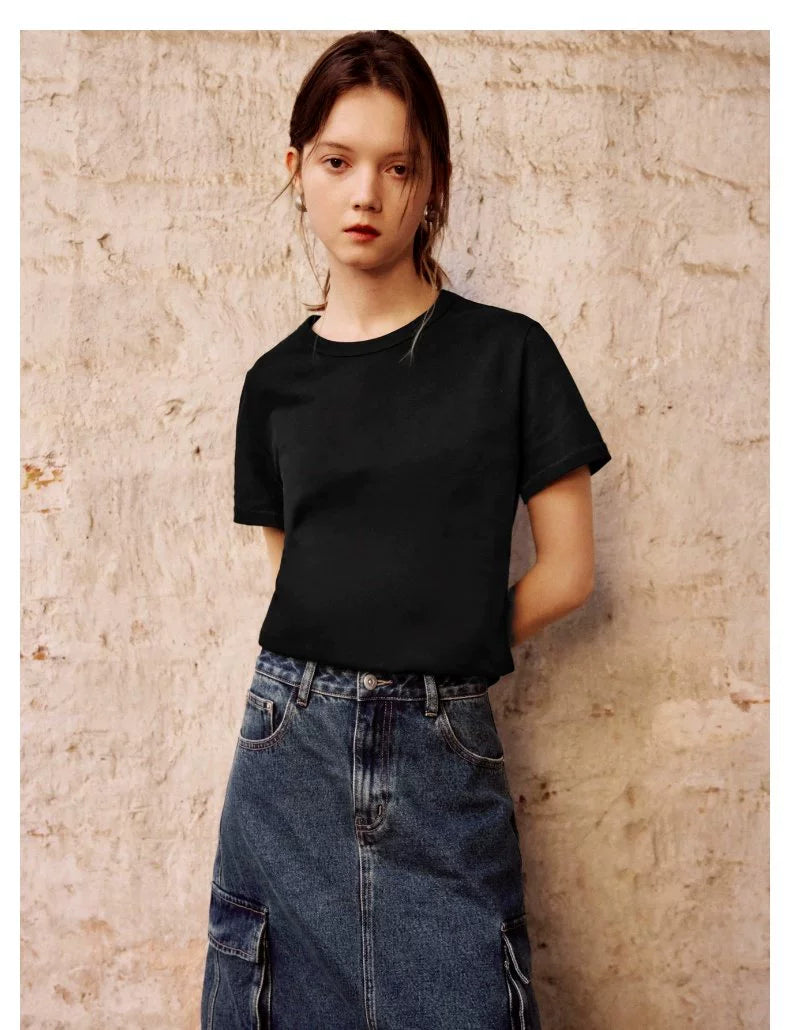 URBAN REVIVO Simple Basic Solid Color Cotton Round Neck Tee