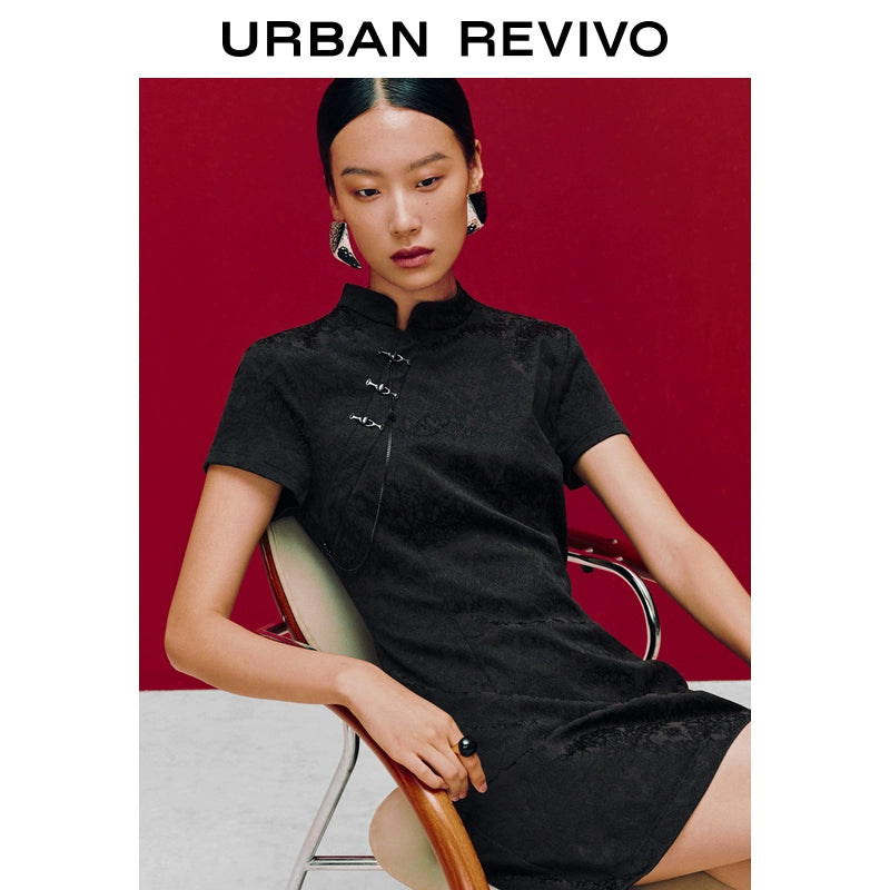 URBAN REVIVO Temperament National Style Jacquard Stand-up Collar Dress