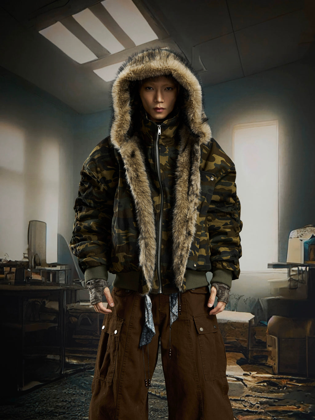 NOMANIAI Camouflage Stand-up Collar Hooded Flight Jacket